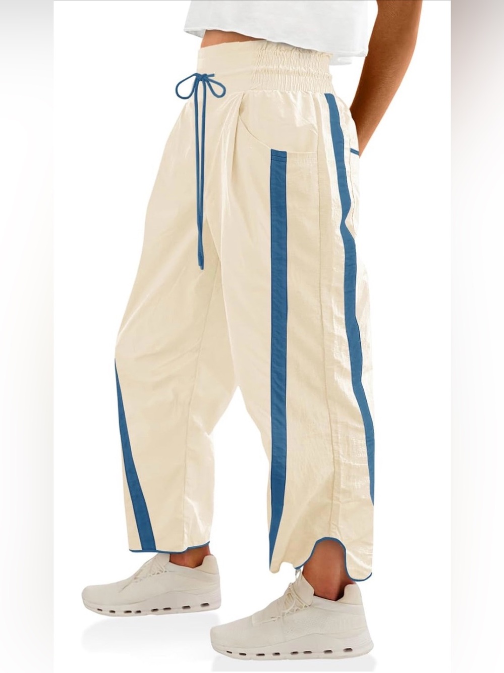Fisoew Amazon Casual Beige Track Pants with Blue Stripe M